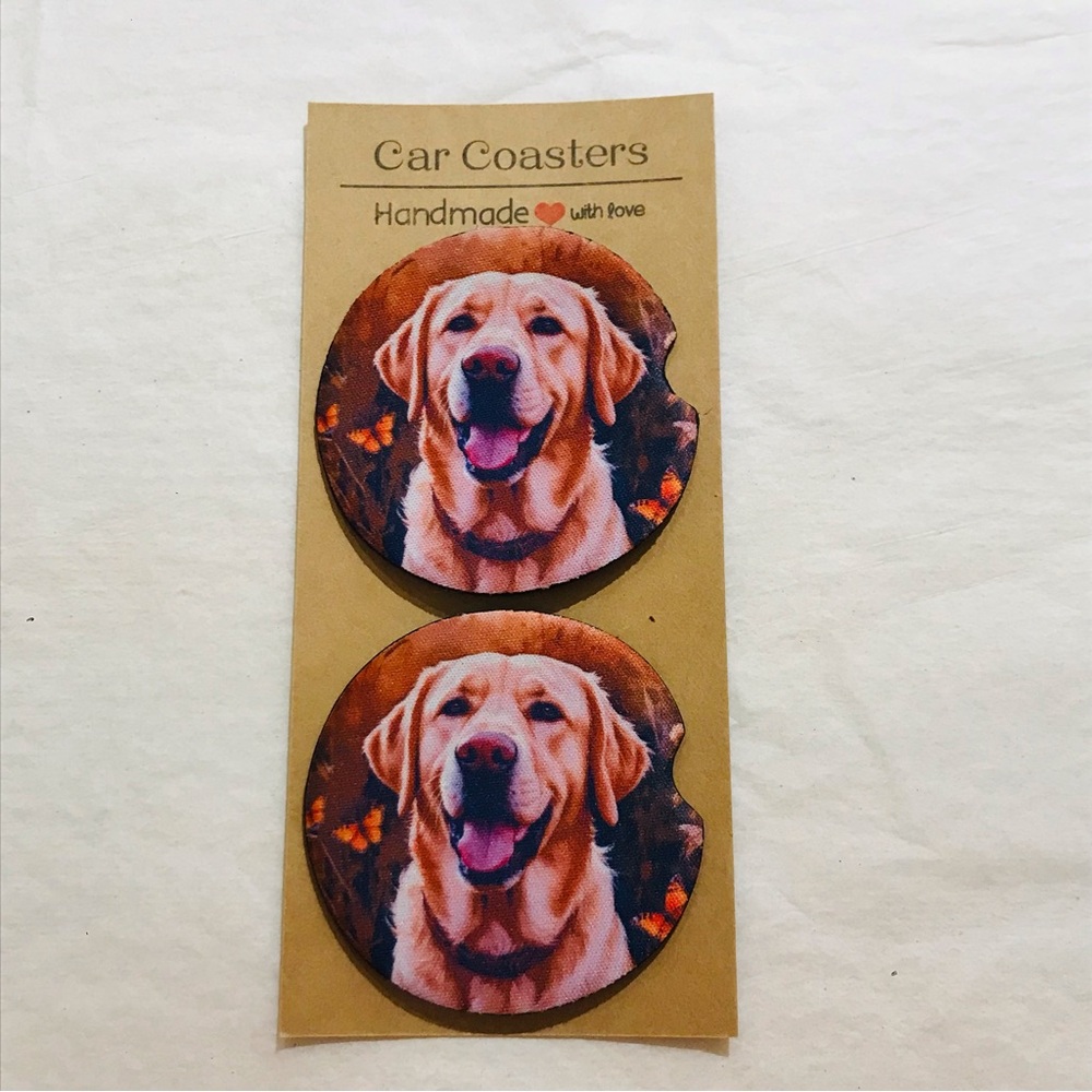 Handmade Yellow Labrador Retriever Dog Car Coasters Set